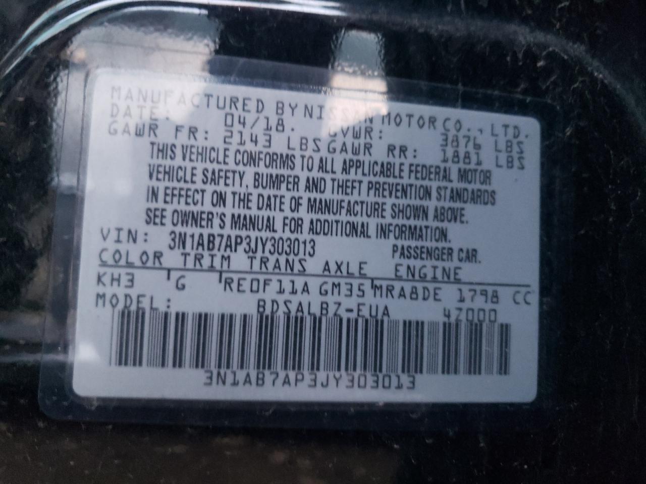 3N1AB7AP3JY303013 2018 Nissan Sentra S