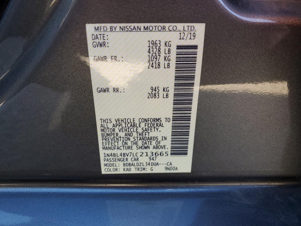 1N4BL4BV7LC213665 2020 Nissan Altima S