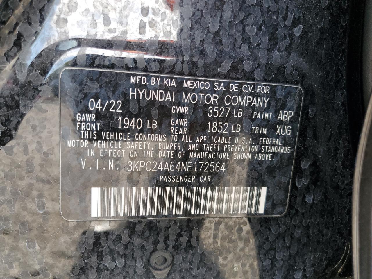 3KPC24A64NE172564 2022 Hyundai Accent Se