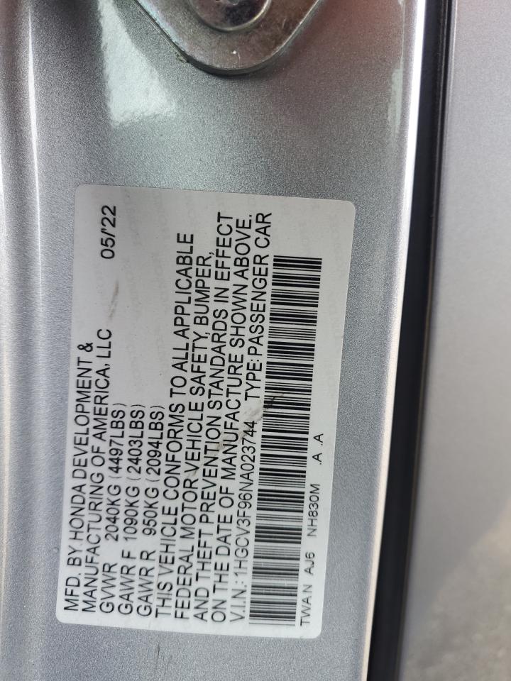 1HGCV3F96NA023744 2022 Honda Accord Touring Hybrid