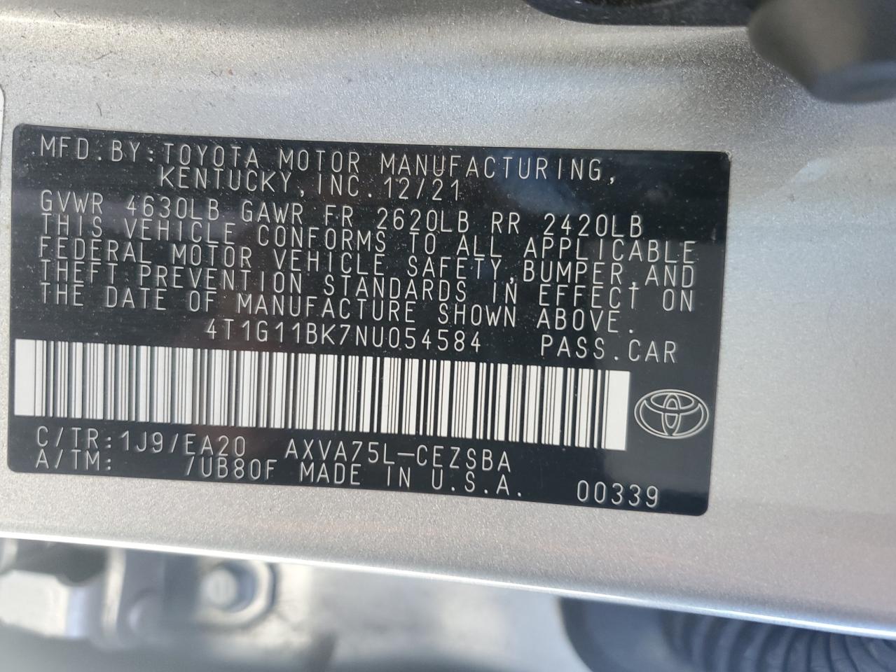 4T1G11BK7NU054584 2022 Toyota Camry Se