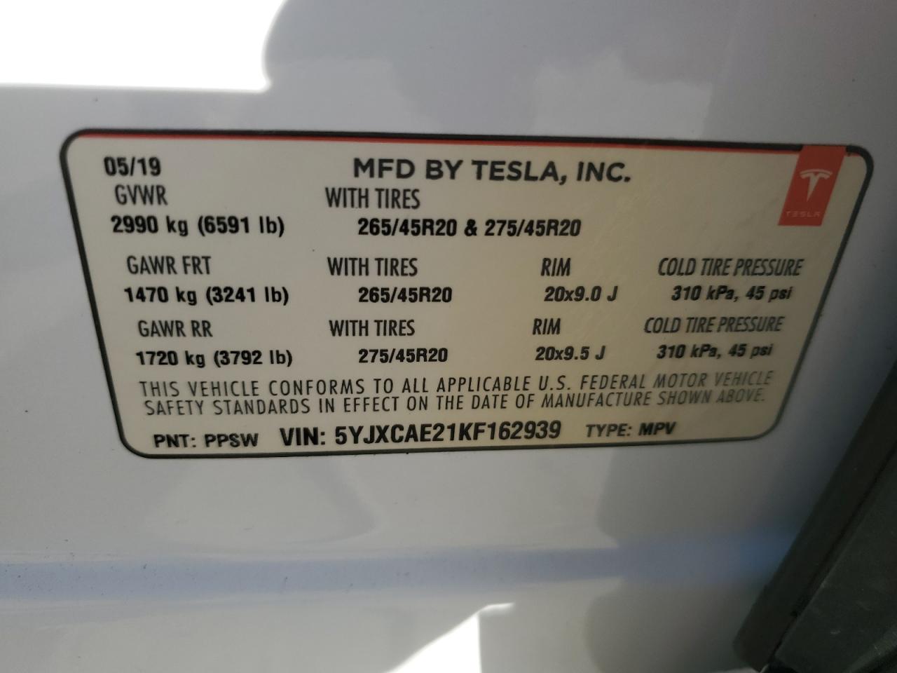 5YJXCAE21KF162939 2019 Tesla Model X