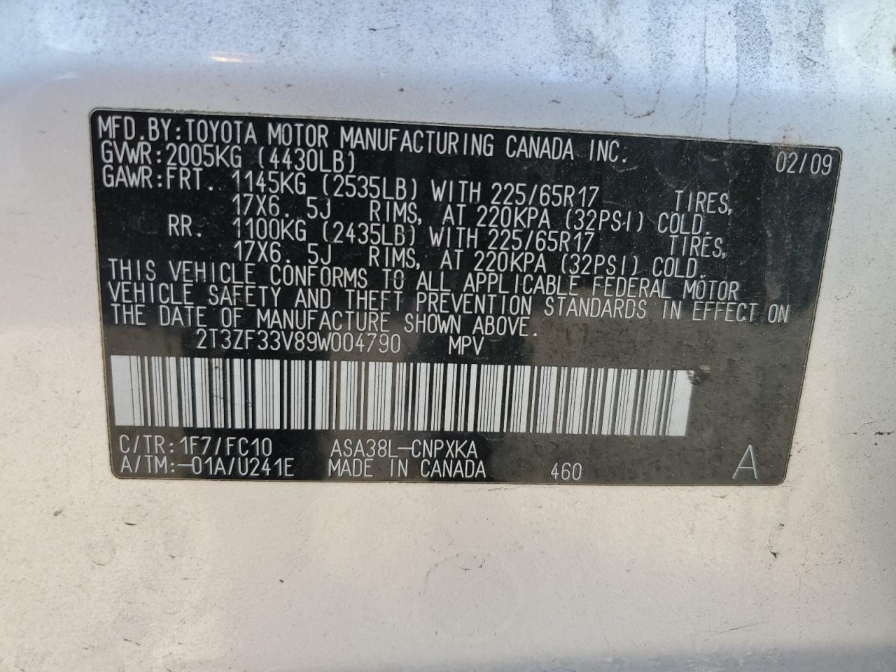 2T3ZF33V89W004790 2009 Toyota Rav4