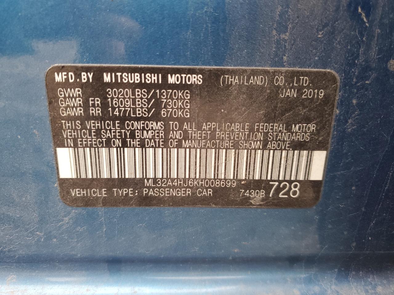 2019 Mitsubishi Mirage Se VIN: ML32A4HJ6KH008699 Lot: 80525634