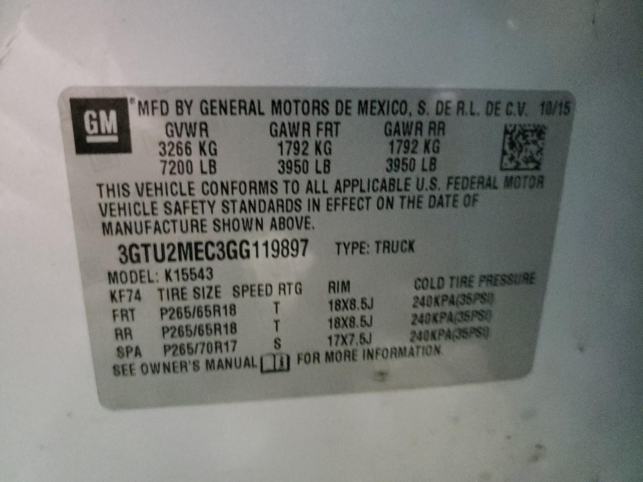 3GTU2MEC3GG119897 2016 GMC Sierra K1500 Sle