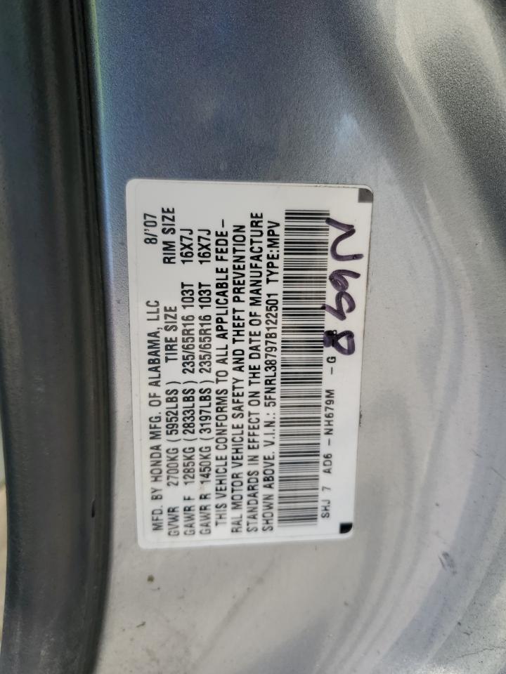 2007 Honda Odyssey Exl VIN: 5FNRL38797B122501 Lot: 81361804