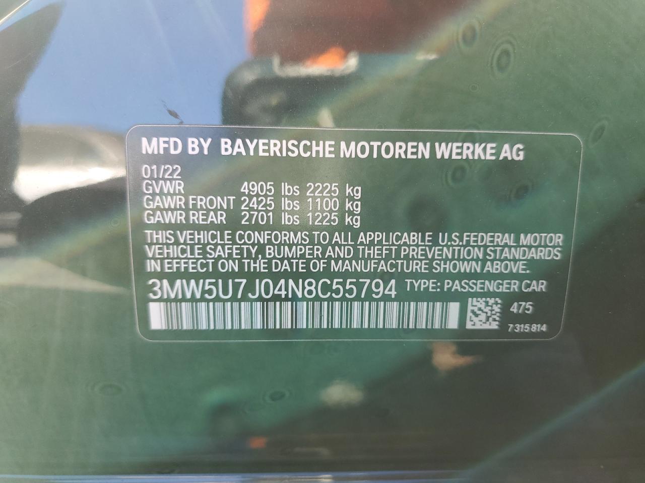 2022 BMW M340I VIN: 3MW5U7J04N8C55794 Lot: 80082294