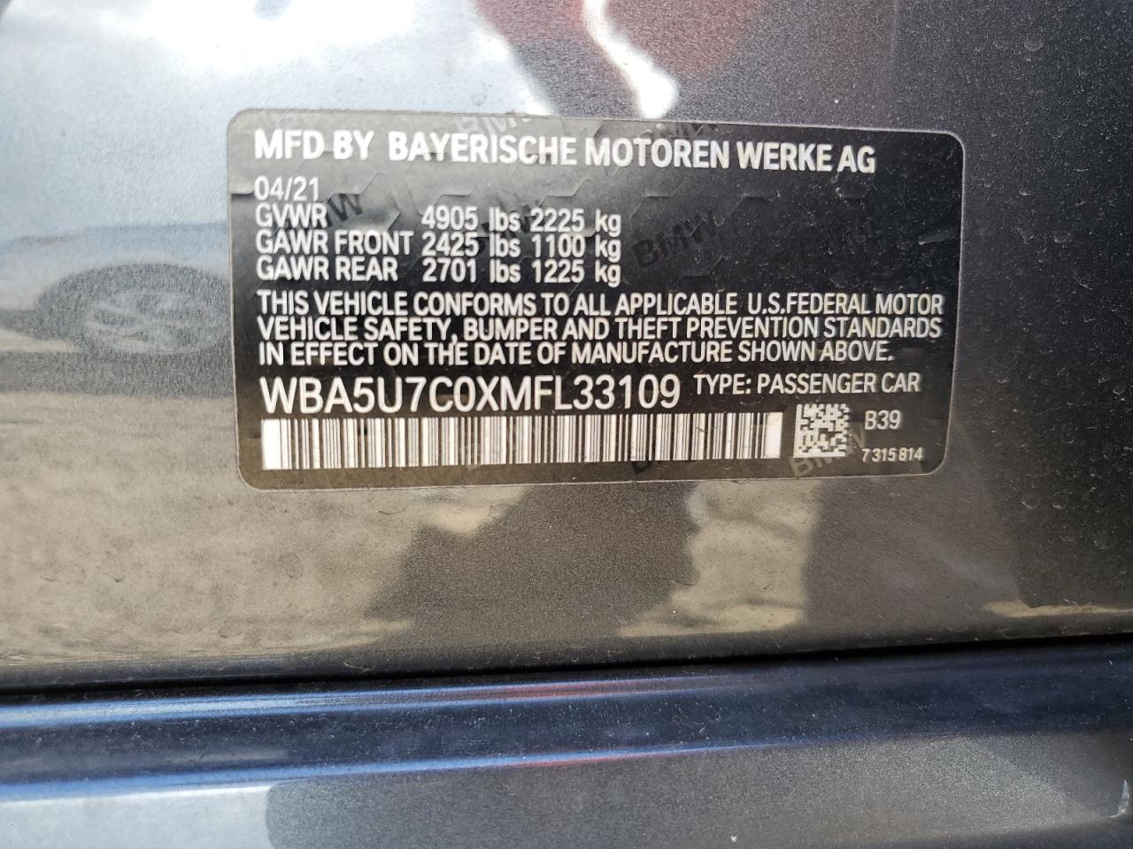 2021 BMW M340I VIN: WBA5U7C0XMFL33109 Lot: 80183354