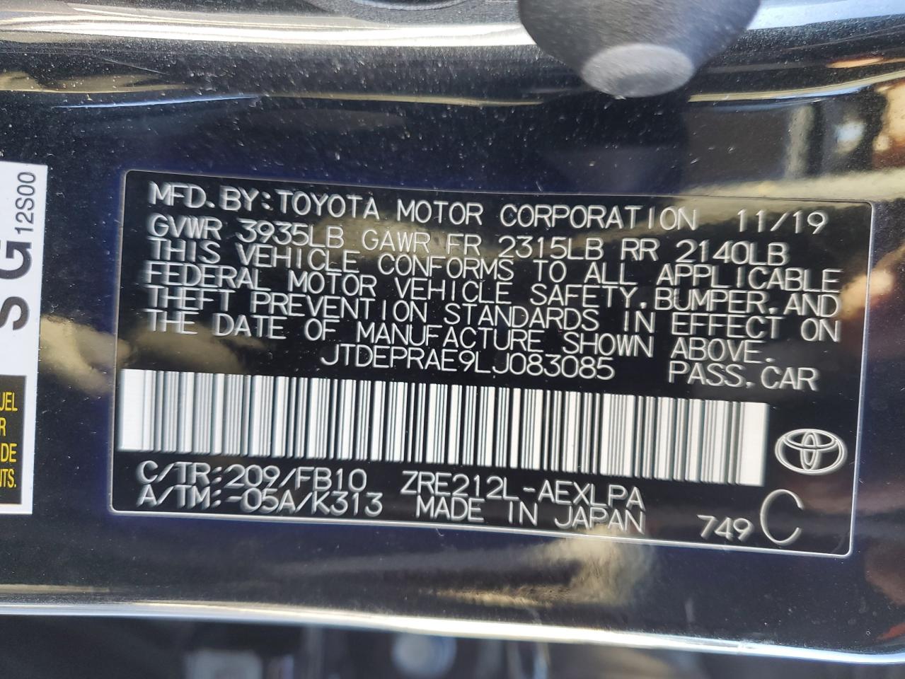 JTDEPRAE9LJ083085 2020 Toyota Corolla Le