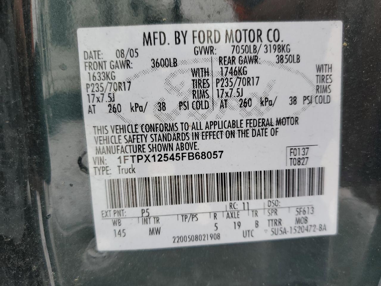 1FTPX12545FB68057 2005 Ford F150