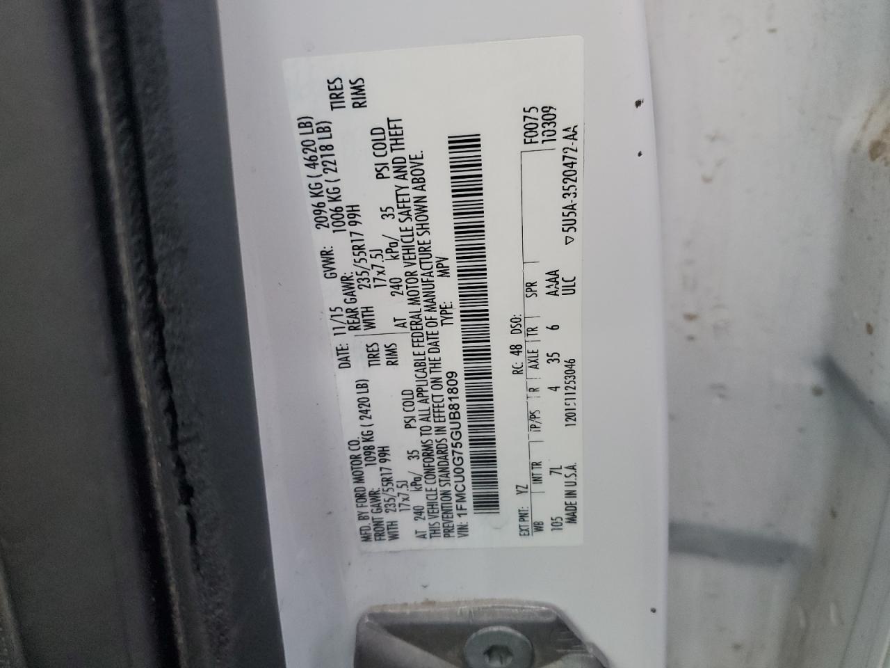 1FMCU0G75GUB81809 2016 Ford Escape Se