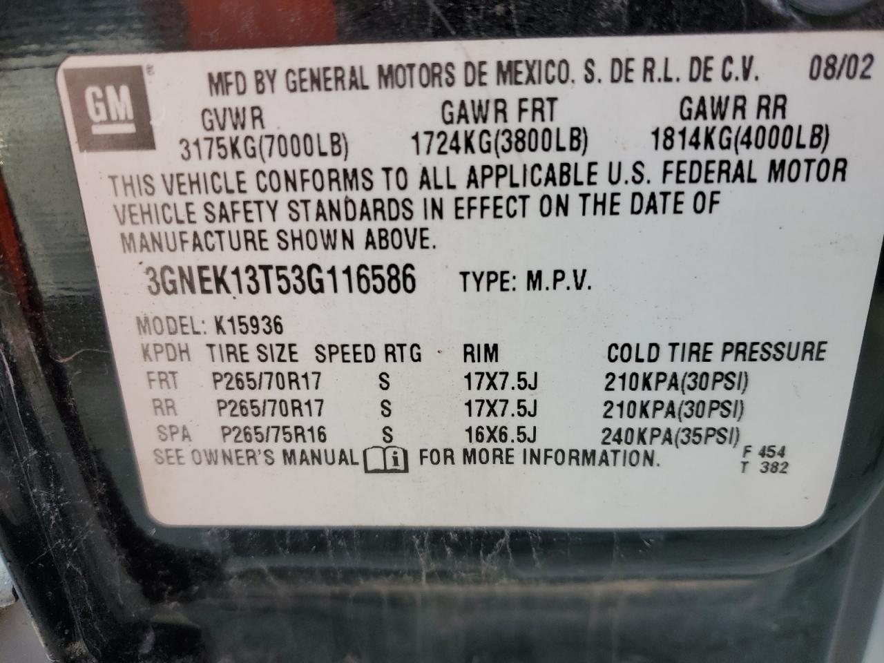 2003 Chevrolet Avalanche K1500 VIN: 3GNEK13T53G116586 Lot: 83310504