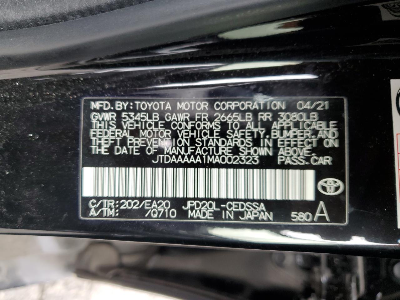 JTDAAAAA1MA002323 2021 Toyota Mirai Xle