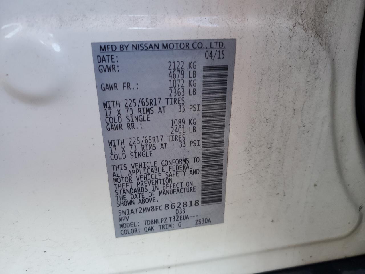 5N1AT2MV8FC862818 2015 Nissan Rogue S