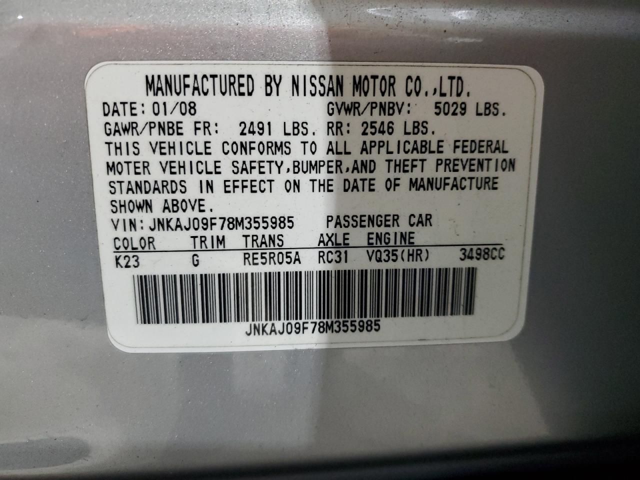 JNKAJ09F78M355985 2008 Infiniti Ex35 Base