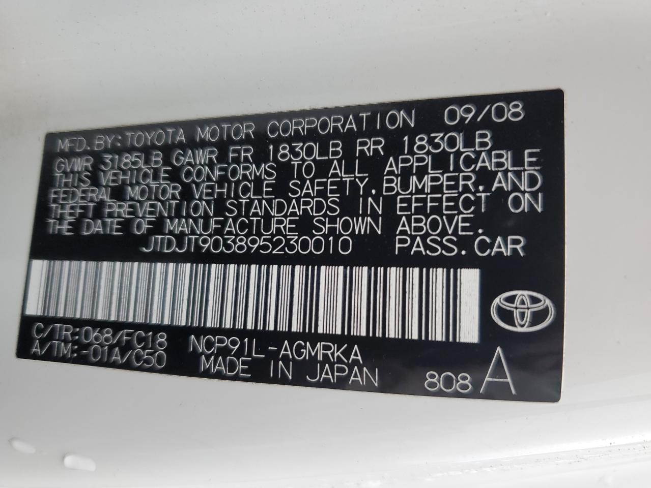 2009 Toyota Yaris VIN: JTDJT903895230010 Lot: 86386064