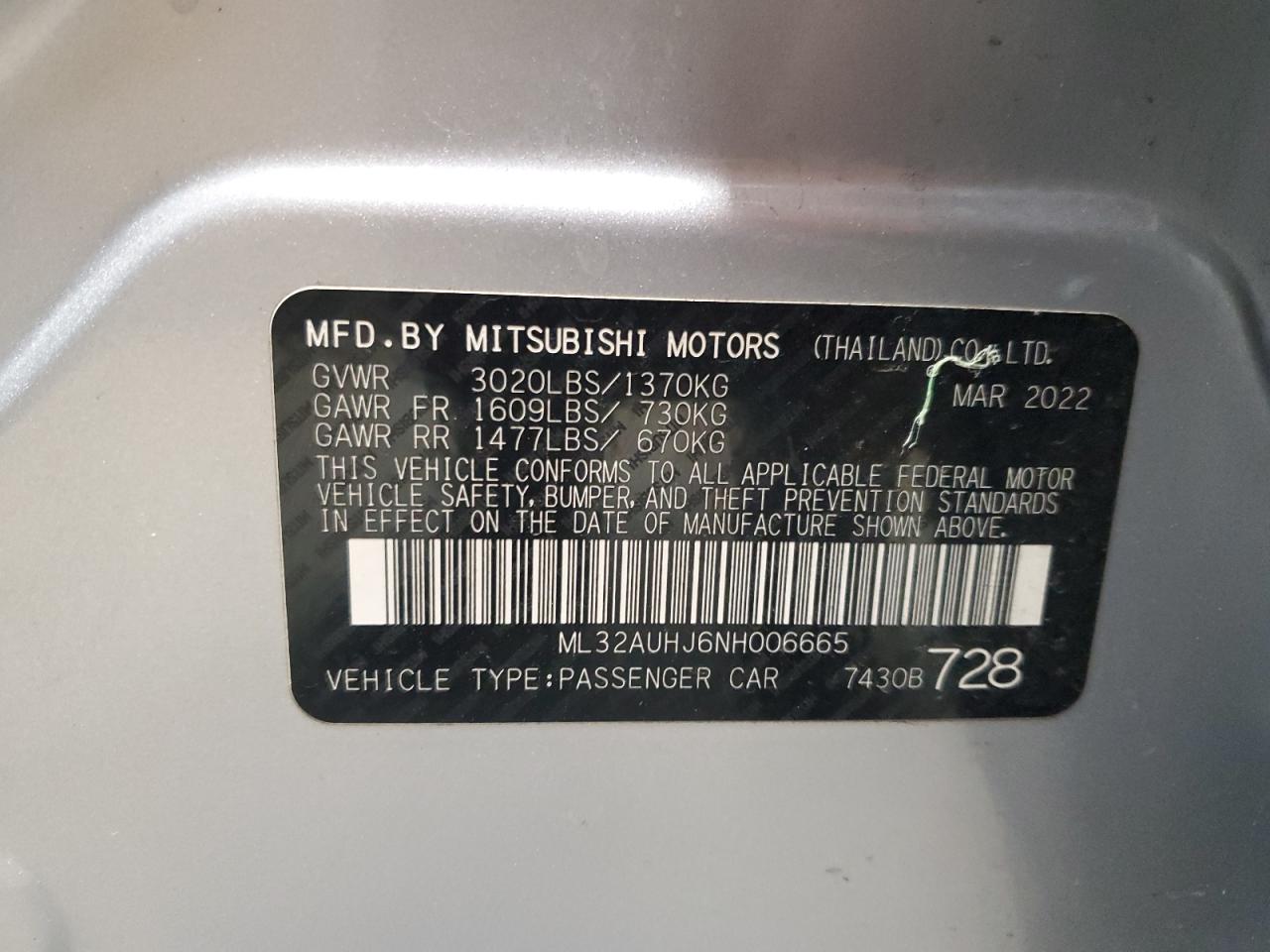 2022 Mitsubishi Mirage Es VIN: ML32AUHJ6NH006665 Lot: 86013904