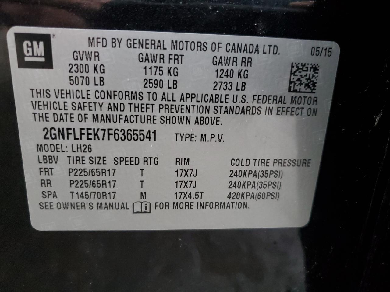 2GNFLFEK7F6365541 2015 Chevrolet Equinox Lt