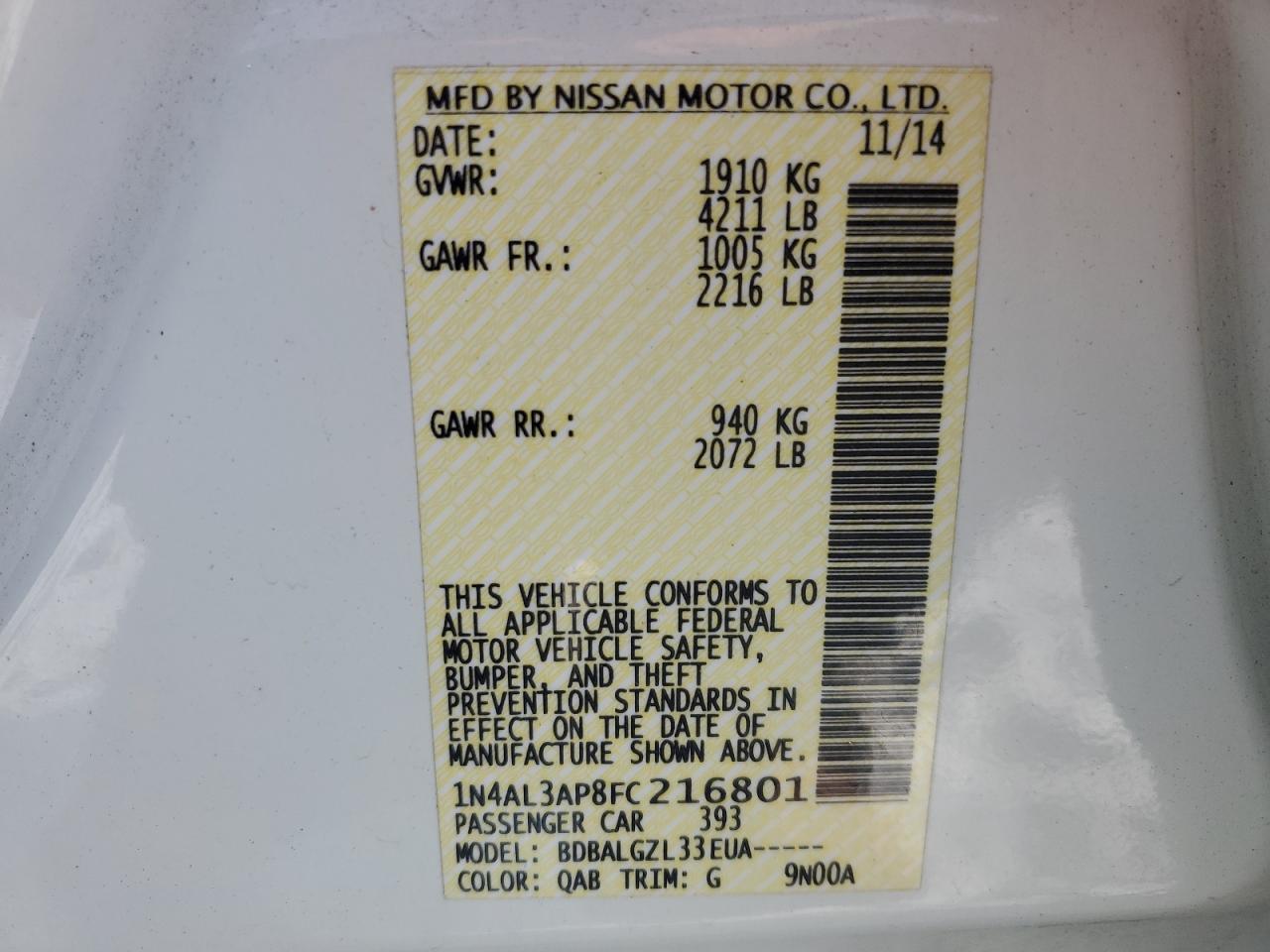 1N4AL3AP8FC216801 2015 Nissan Altima 2.5