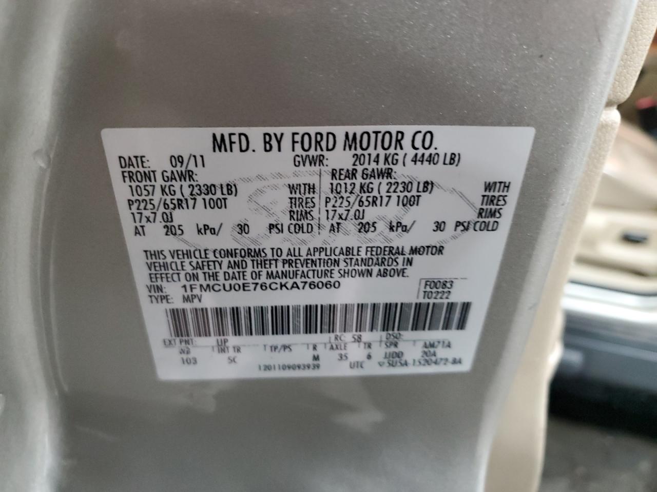 1FMCU0E76CKA76060 2012 Ford Escape Limited