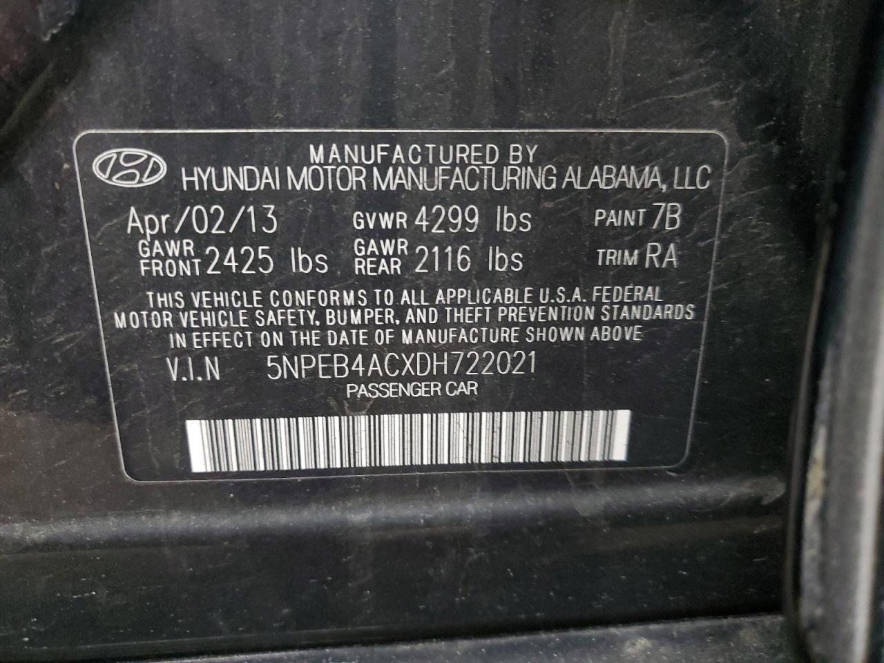 5NPEB4ACXDH722021 2013 Hyundai Sonata Gls