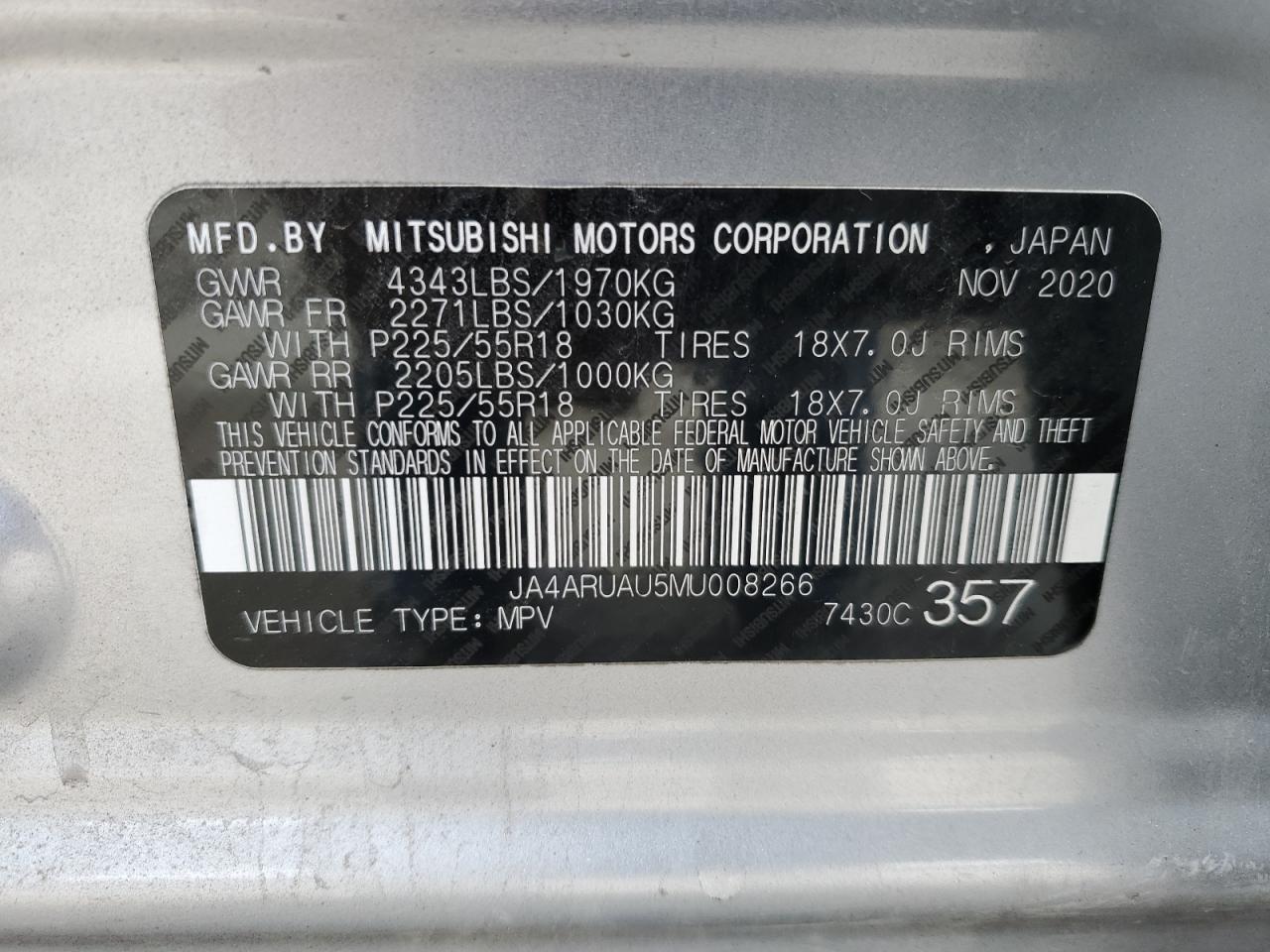 2021 Mitsubishi Outlander Sport Es VIN: JA4ARUAU5MU008266 Lot: 86948804