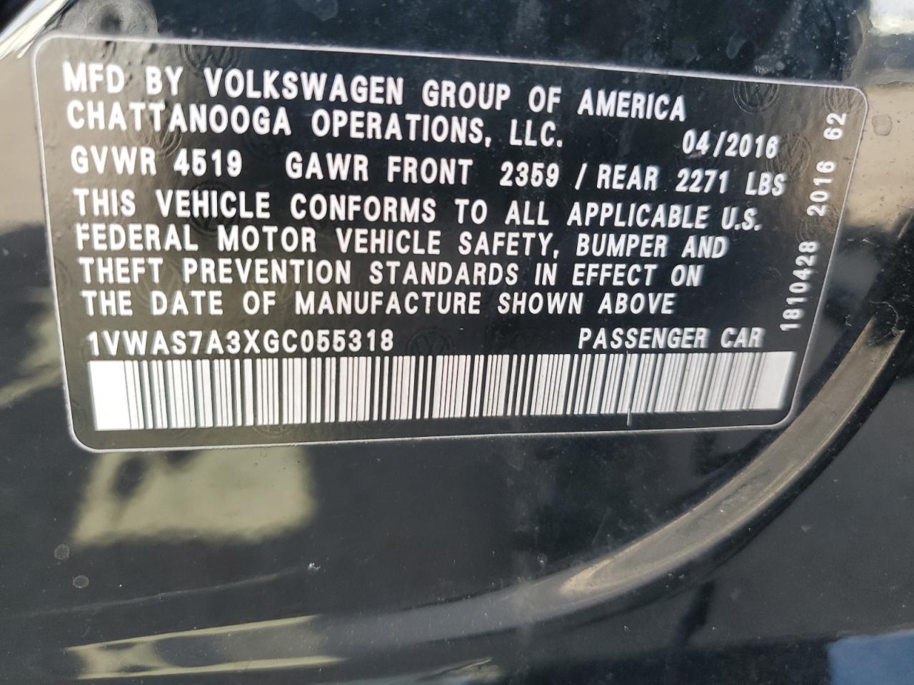 2016 Volkswagen Passat S VIN: 1VWAS7A3XGC055318 Lot: 86423834