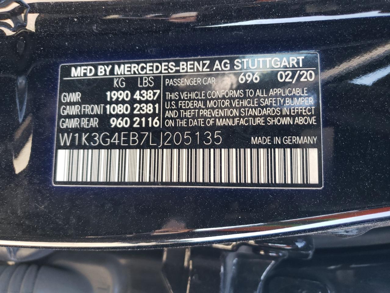 2020 Mercedes-Benz A 220 VIN: W1K3G4EB7LJ205135 Lot: 86169144