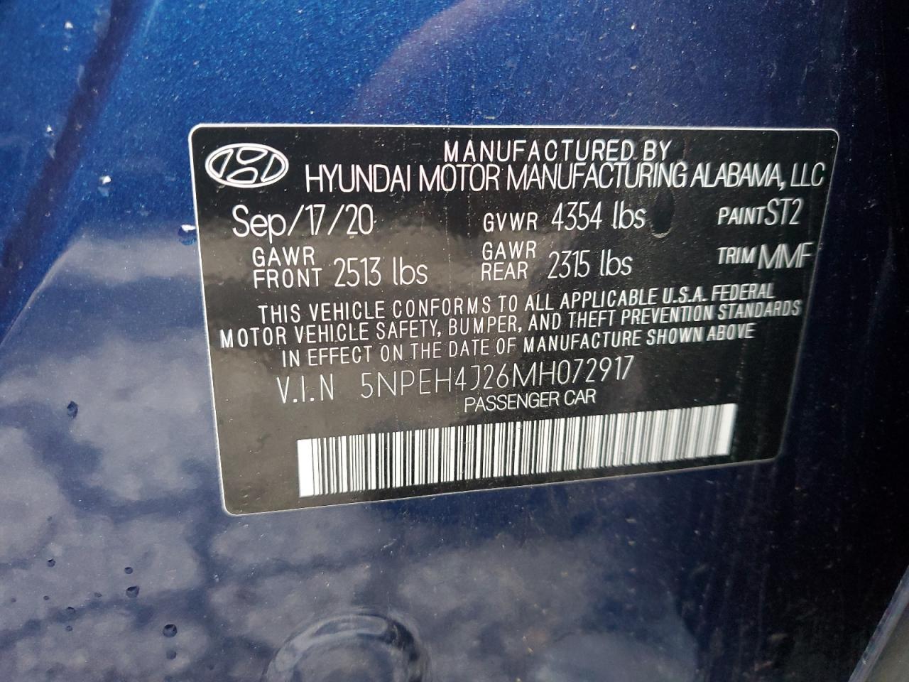 2021 Hyundai Sonata Limited VIN: 5NPEH4J26MH072917 Lot: 83838904