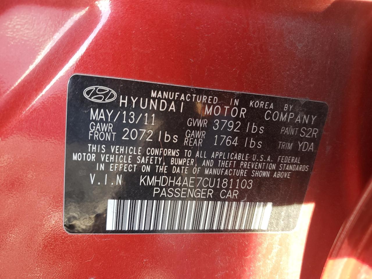 KMHDH4AE7CU181103 2012 Hyundai Elantra Gls