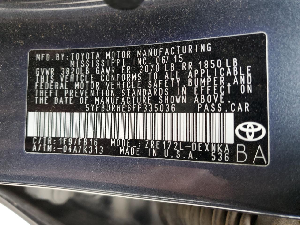 5YFBURHE6FP335036 2015 Toyota Corolla L