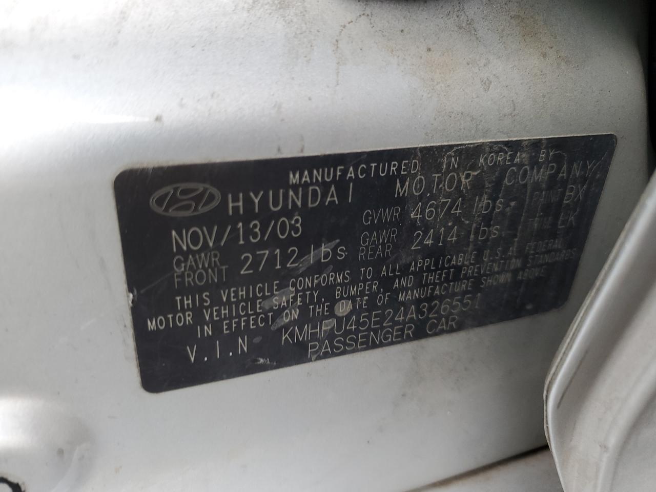 KMHFU45E24A326551 2004 Hyundai Xg 350