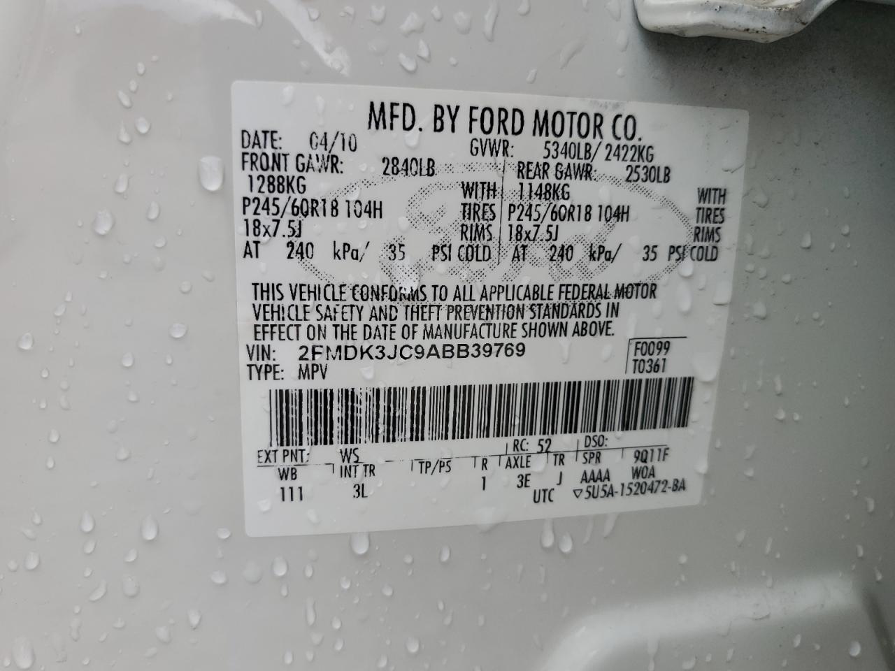 2010 Ford Edge Sel VIN: 2FMDK3JC9ABB39769 Lot: 86425204