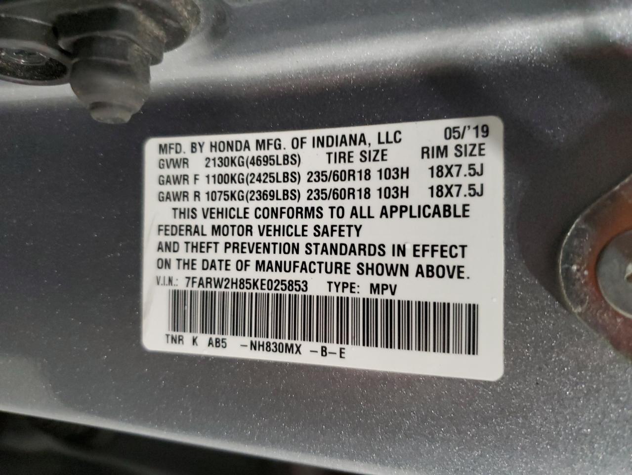 7FARW2H85KE025853 2019 Honda Cr-V Exl