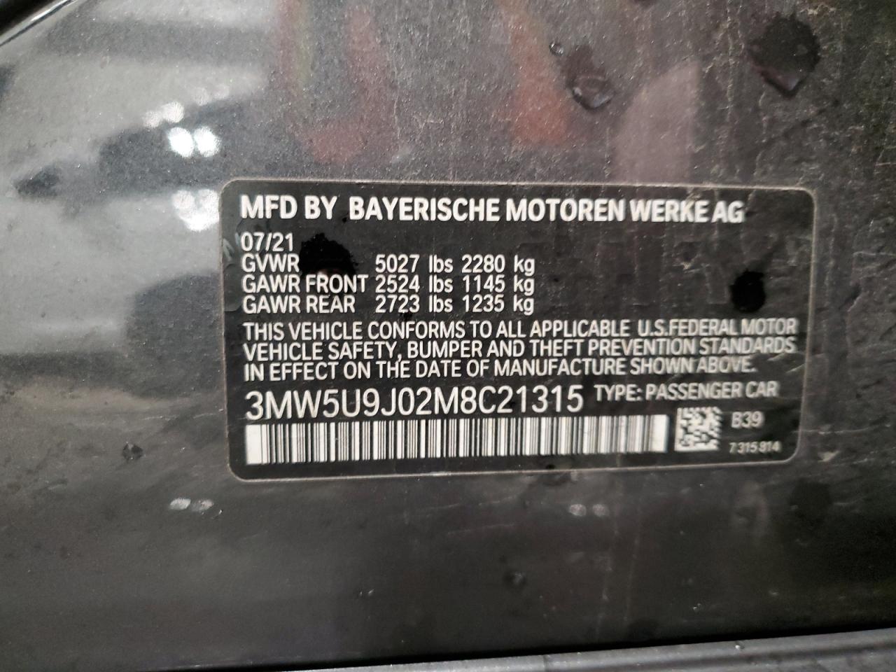 2021 BMW M340Xi VIN: 3MW5U9J02M8C21315 Lot: 85072854