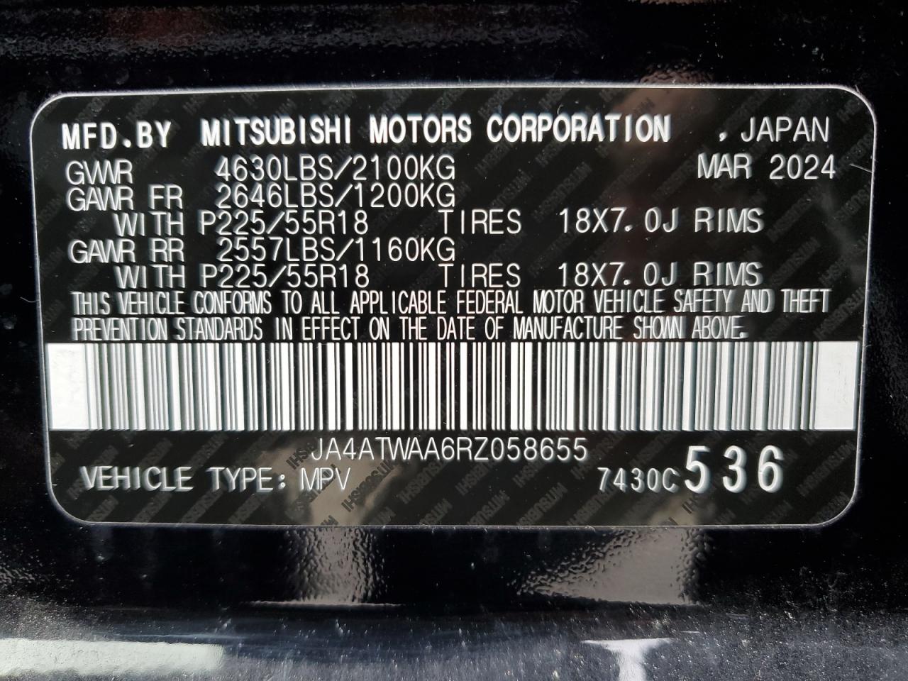 2024 Mitsubishi Eclipse Cross Se VIN: JA4ATWAA6RZ058655 Lot: 85861354