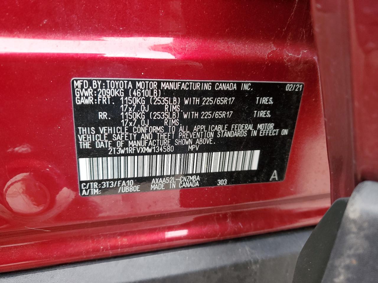 2T3W1RFVXMW134580 2021 Toyota Rav4 Xle