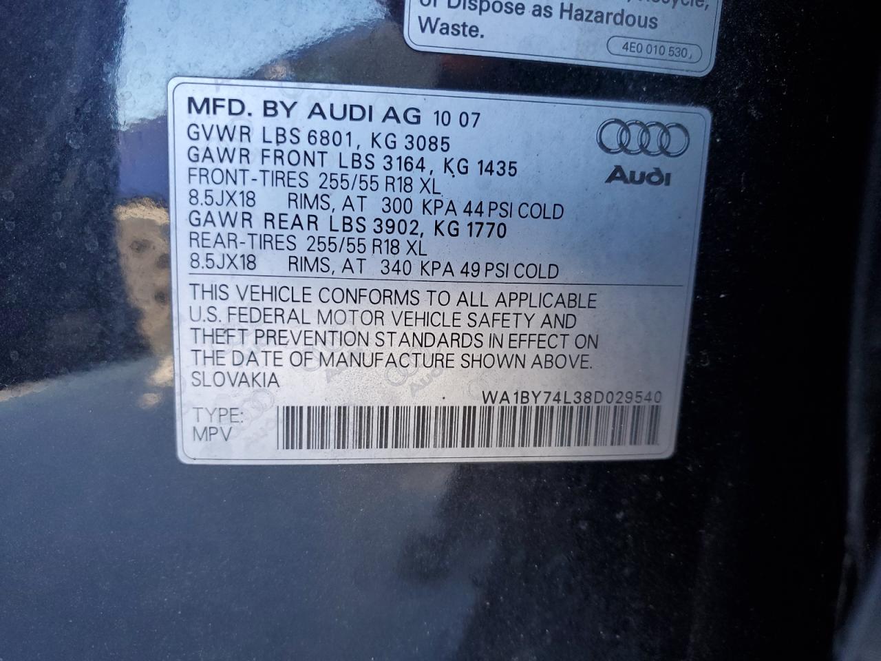 WA1BY74L38D029540 2008 Audi Q7 3.6 Quattro Premium