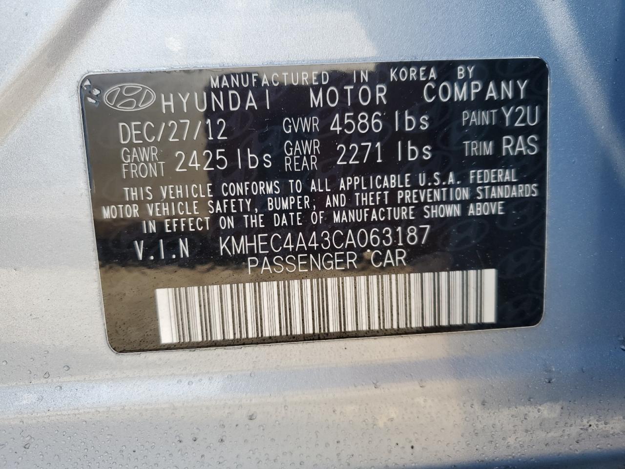 2012 Hyundai Sonata Hybrid VIN: KMHEC4A43CA063187 Lot: 86276614