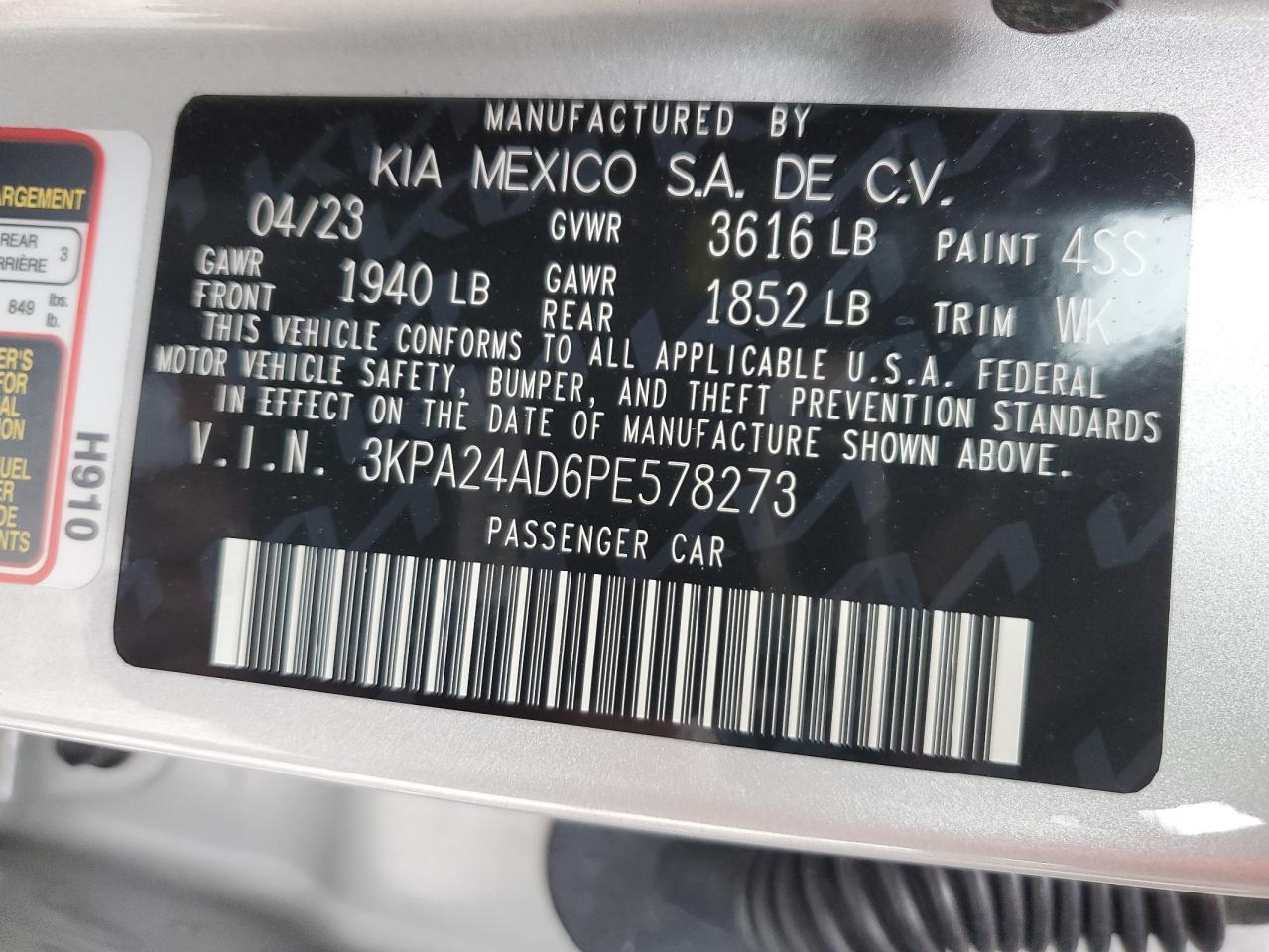 2023 Kia Rio Lx VIN: 3KPA24AD6PE578273 Lot: 86814214