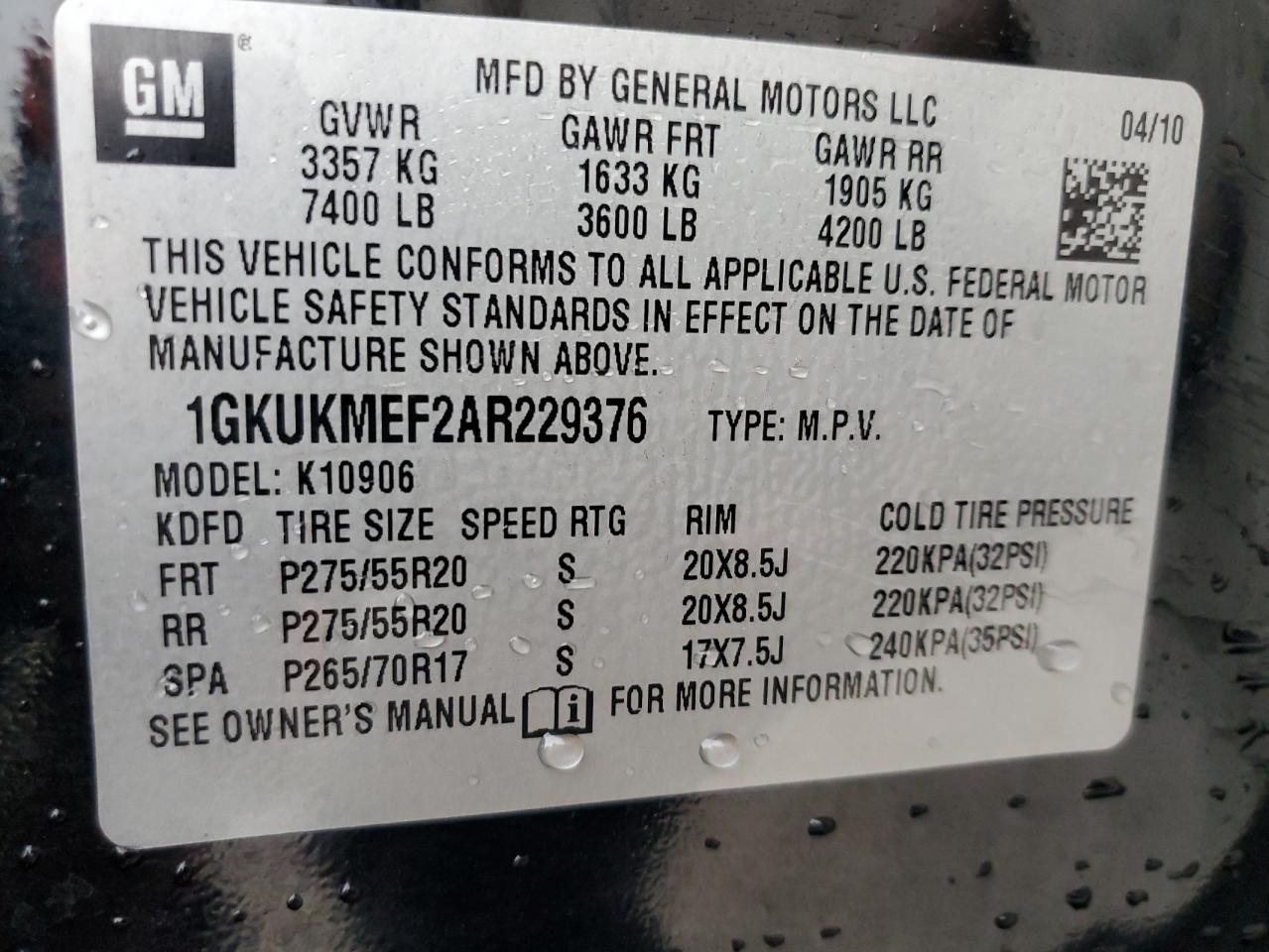 2010 GMC Yukon Xl Denali VIN: 1GKUKMEF2AR229376 Lot: 85914284