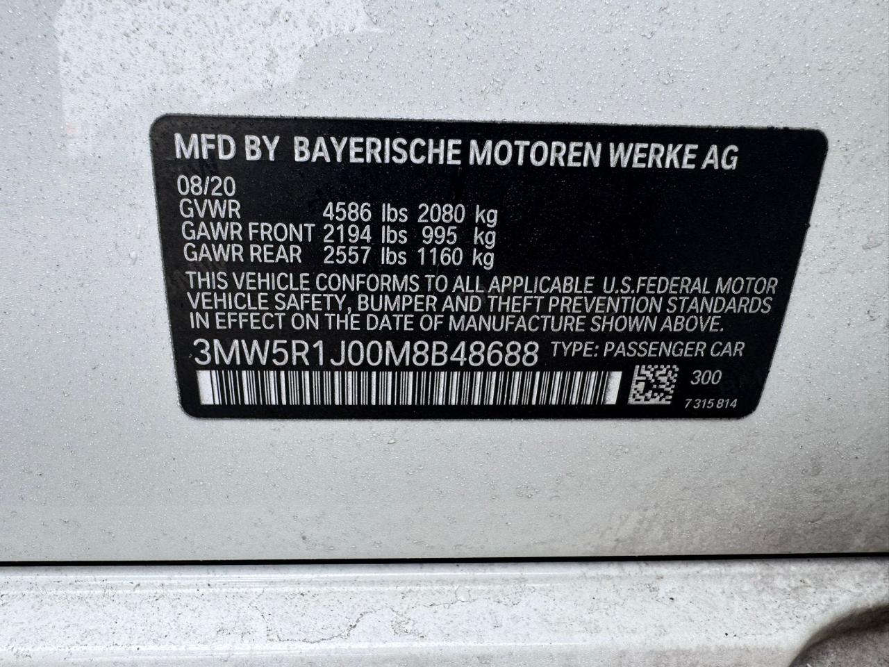 3MW5R1J00M8B4868 2021 BMW 330I