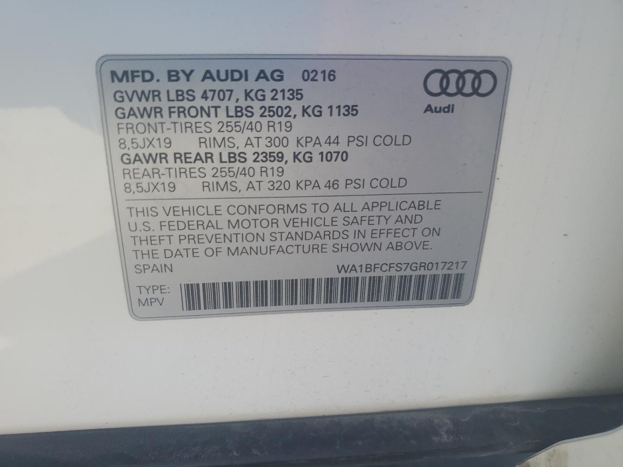 WA1BFCFS7GR017217 2016 Audi Q3 Premium Plus