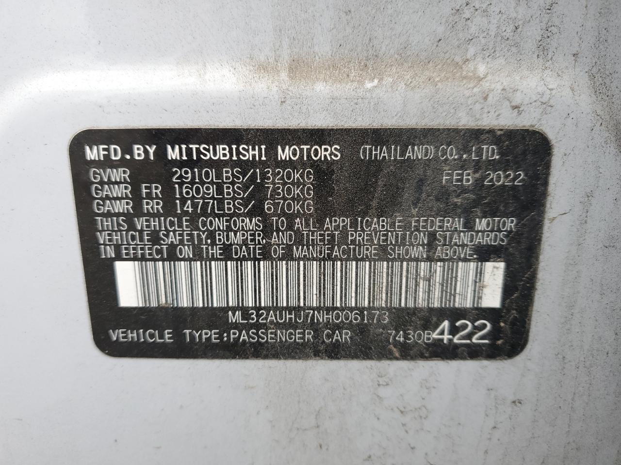 2022 Mitsubishi Mirage Es VIN: ML32AUHJ7NH006173 Lot: 85874184