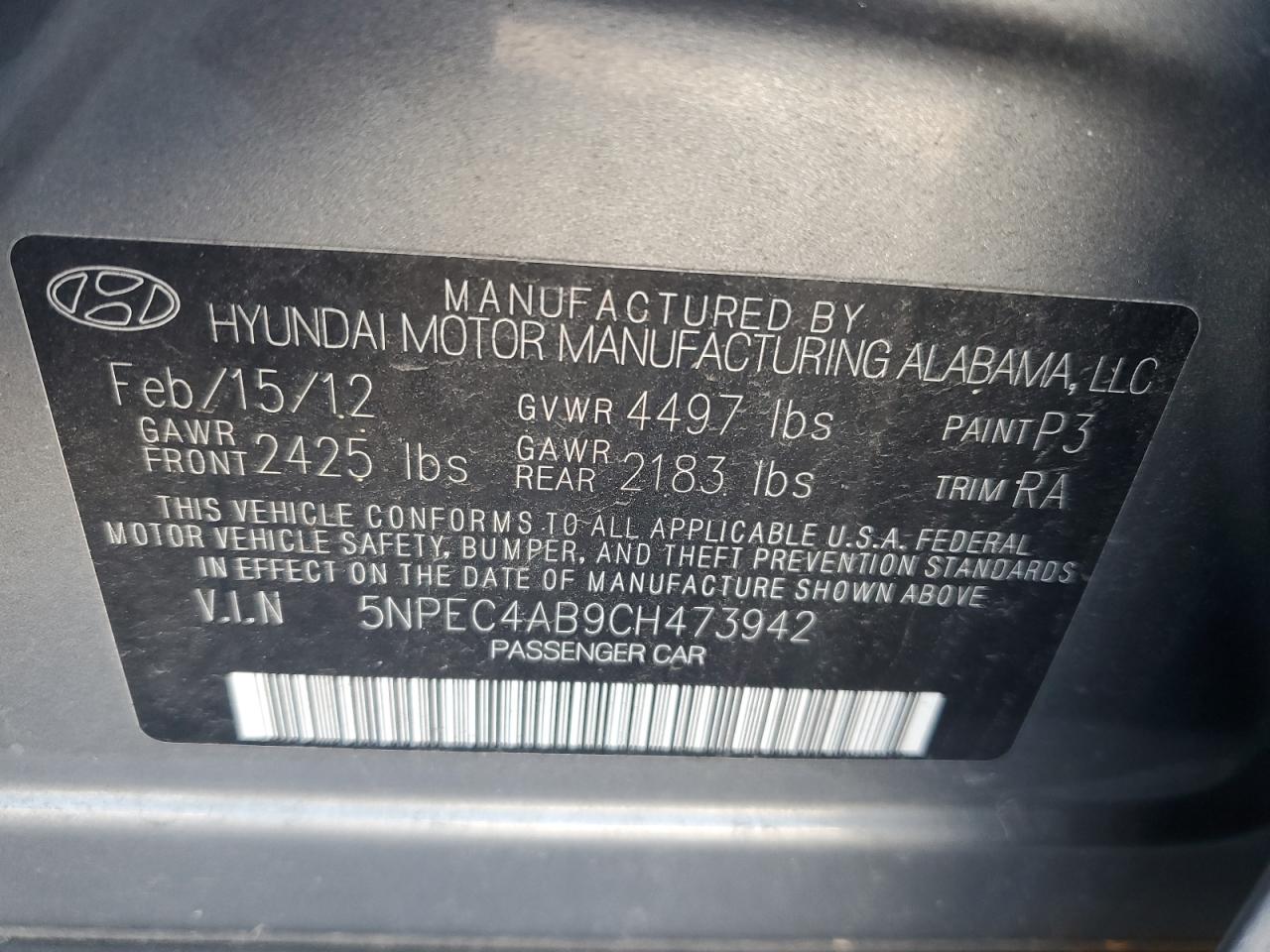 5NPEC4AB9CH473942 2012 Hyundai Sonata Se