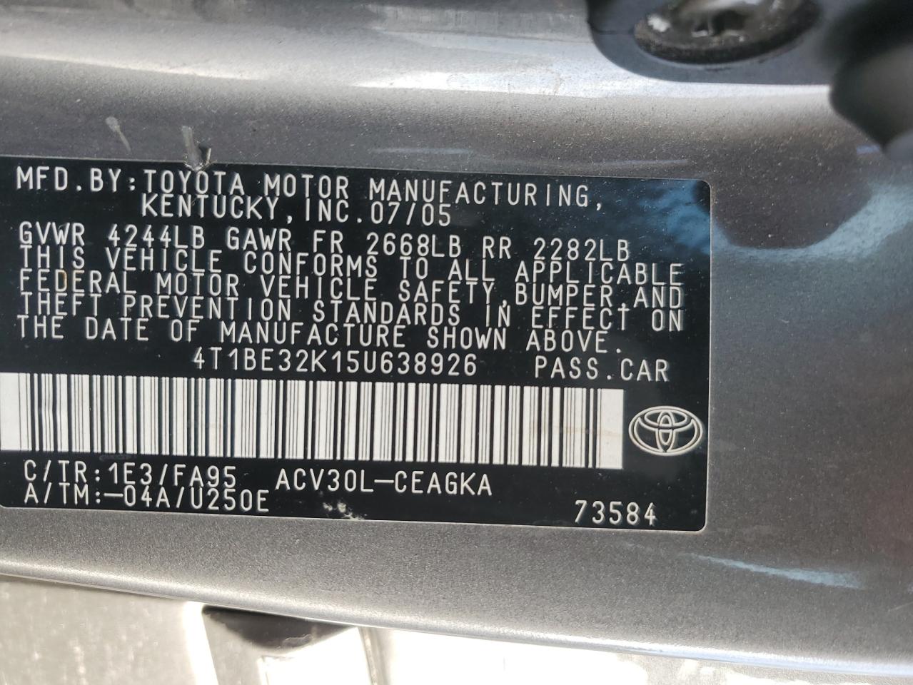 2005 Toyota Camry Le VIN: 4T1BE32K15U638926 Lot: 85210364