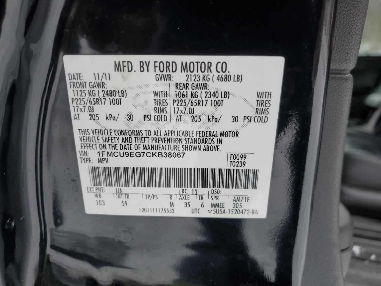 1FMCU9EG7CKB38067 2012 Ford Escape Limited