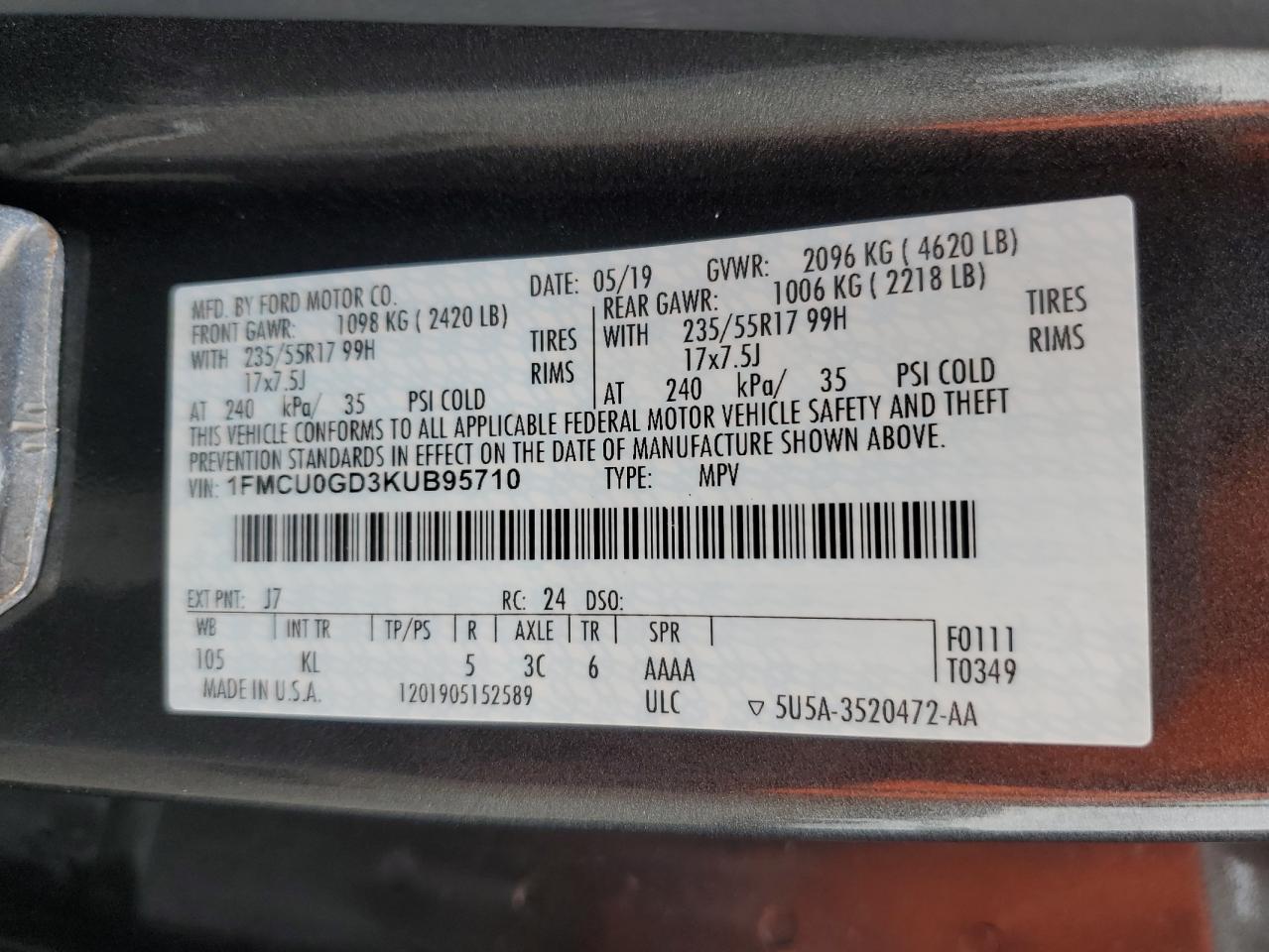 1FMCU0GD3KUB95710 2019 Ford Escape Se