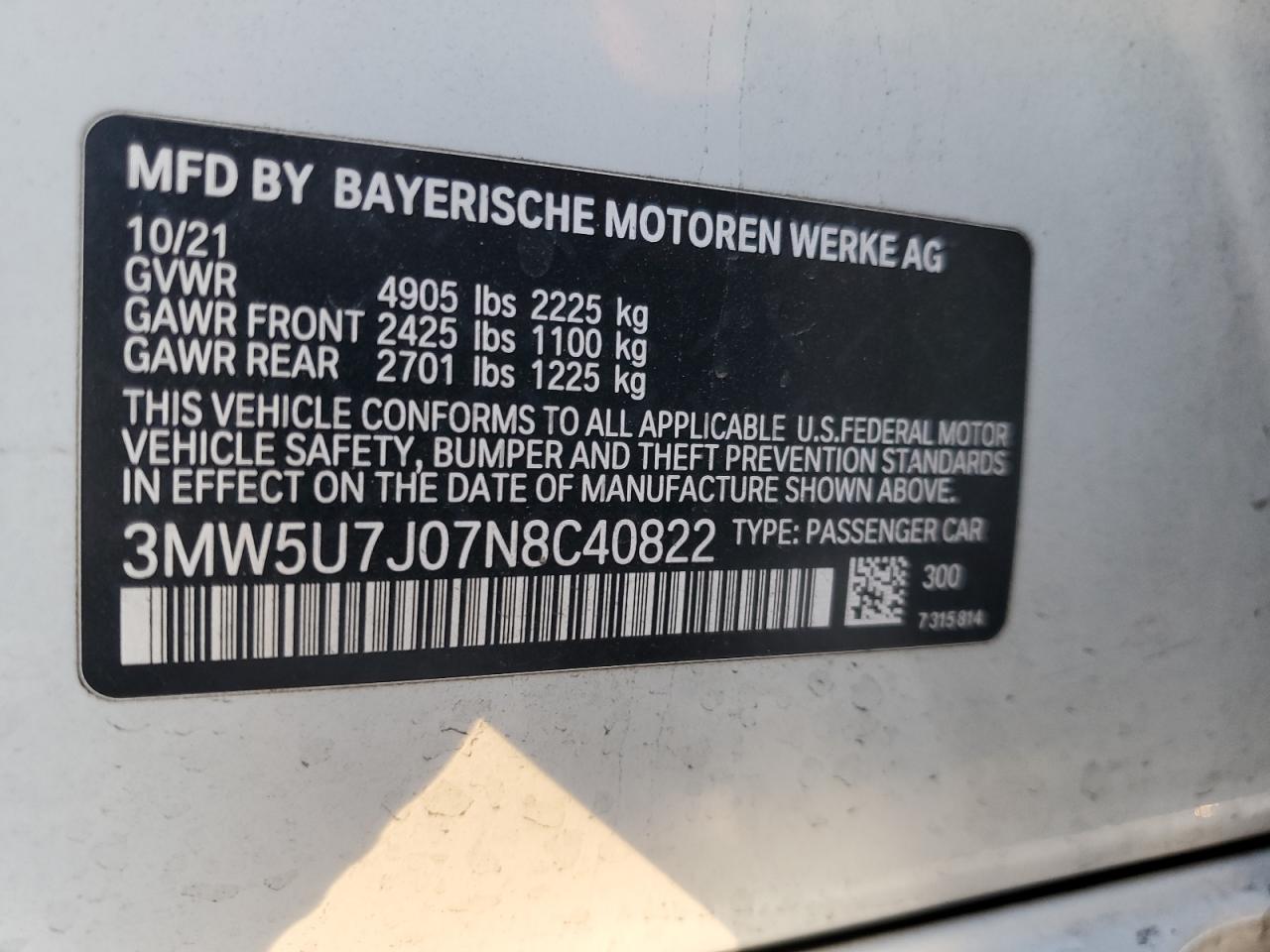 2022 BMW M340I VIN: 3MW5U7J07N8C40822 Lot: 84839034