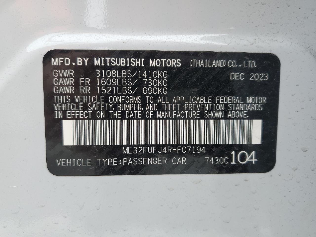 2024 Mitsubishi Mirage G4 Es VIN: ML32FUFJ4RHF07194 Lot: 86108224